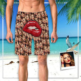 Custom Girlfriend Face Big Mouth White Personalized Photo Men's Elastic Beach Shorts