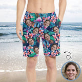 【Hot Selling】Custom Face Tropical Leaves Personalized Photo Men's Elastic Beach Shorts