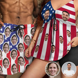 Couple Matching Beach Shorts&Plus Size Swimsuit Custom Face US Flag Personalized Photo Men's Quick-drying Beach Shorts