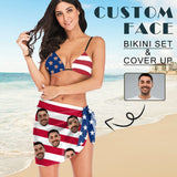 Custom Face American Flag Swim Bikini & Coverup Personalized Bathing Suit And Short Sarongs Beach Wrap For Women