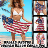 Custom Face American Flag Swim Bikini Cover Up Dress Personalized Women's V-Neck Bikini Beach Tunic Top #Celebrate July Fourth Women's Kimono Chiffon Cover Up