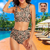 Custom Face Leopard Print Cutout Top High Waisted Bikini Personalized Women's Two Piece Swimsuit Beach Outfits