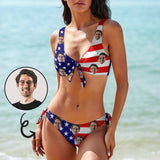 Custom Face American Flag Chest Strap Tie Side Low Waisted Bikini Women's Two Piece Swimsuit Personalized Bathing Suit Summer Beach Pool Outfits