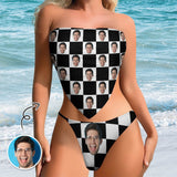 Custom Face Black&White Grid Low Waisted Swimsuit Bellyband Strap Self Tie Bikini