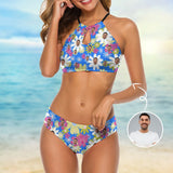 Custom Face Colorful Flower High Neck Cutout High Waisted Bikini Personalized Women's Two Piece Swimsuit Beach Outfits