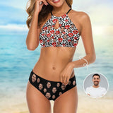 Custom Face Leopard Black High Neck Cutout High Waisted Bikini Personalized Women's Two Piece Swimsuit Beach Outfits