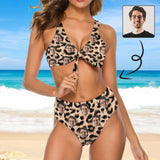 Custom Face Leopard Chest Strap High Waisted Bikini Women's Two Piece Swimsuit Personalized Bathing Suit Summer Beach Pool Outfits