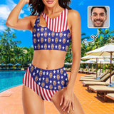 Custom Face USA Flag Cutout Top High Waisted Bikini Personalized Women's Two Piece Swimsuit Beach Outfits