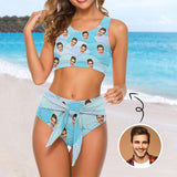 Custom Husband Face Blue Wave Bikini Personalized Bathing Suit High-cut Tie-waist Bikini Bottom Swimsuit Summer Beach Pool Outfits