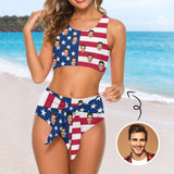 Custom Husband Face US Flag Bikini Personalized Bathing Suit Women's High-cut Tie-waist Bikini Bottom Swimsuit Summer Beach Pool Outfits