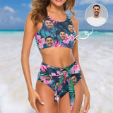 Custom Husband Face Tropical Plants Bikini Personalized Bathing Suit High-cut Tie-waist Bikini Bottom Swimsuit Summer Beach Pool Outfits