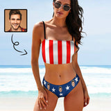 Custom Husband Face US Flag Bikini Personalized Bathing Suit Women's Suspenders Bandeau Bikini Set Two Piece Swimsuits