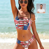 Custom Husband Face USA Flag Bikini Personalized Bathing Suit Women's Suspenders Bandeau Bikini Set Two Piece Swimsuits
