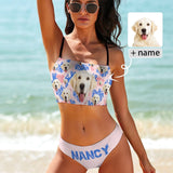 Custom Pet Face&Name Leaves Bikini Personalized Bathing Suit Women's Suspenders Bandeau Bikini Set Two Piece Swimsuits