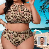 #Plus Size Halter Bikini-Custom Face Leopard Plus Size Swimsuit High Neck Cutout High Waisted Bikini Personalized Women's Two Piece Swimsuit Beach Outfits