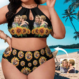 #Plus Size Halter Bikini-Custom Photo Black Sunflower Plus Size Swimsuit High Neck Cutout High Waisted Bikini Personalized Women's Two Piece Swimsuit Beach Outfits