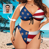#Plus Size Halter Trikini-Custom Face American Flag Plus Size Swimsuit String Link Halter Tie Side Low Waisted Triangle Bikini Personalized Bathing Suit