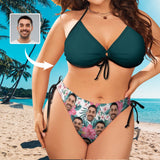 #Plus Size Halter Trikini-Custom Face Green Plus Size Swimsuit String Link Halter Tie Side Low Waisted Triangle Bikini Personalized Bathing Suit