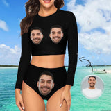 Custom Face Black Long Sleeve High Waisted Tankini Bathing Suit Personalized Women's Two Piece Swimsuit Beach Outfits