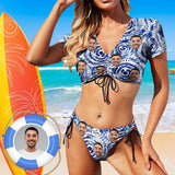 Custom Face Blue Pattern Short Sleeves Tie Side Low Waisted Bikini Personalized Women's Two Piece Swimsuit Beach Outfits
