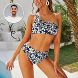 Custom Face Lily Flowers One Shoulder Stringless Low Waited Bikini Personalized Women's Two Piece Swimsuit Beach Outfits