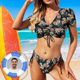 Custom Face Low Toning Short Sleeves Tie Side Low Waisted Bikini Personalized Women's Two Piece Swimsuit Beach Outfits