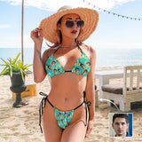 Custom Face Pineapple Flowers Deep V Neck Tie Side Low Waisted Triangle Bikini Personalized Bathing Suit Women's Two Piece Swimsuit Summer Beach Pool Outfits