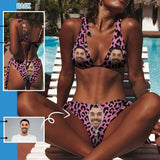 Custom Face Pink Leopard Deep V Neck Tie Side Low Waisted Triangle Bikini Personalized Bathing Suit Women's Two Piece Swimsuit Summer Beach Pool Outfits