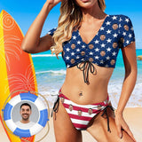 Custom Face US Flag Short Sleeves Tie Side Low Waisted Bikini Personalized Women's Two Piece Swimsuit Beach Outfits