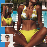 Custom Face Yellow Flowers Deep V Neck Tie Side Low Waisted Triangle Bikini Personalized Bathing Suit Women's Two Piece Swimsuit Summer Beach Pool Outfits