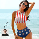 Custom Face American Flag Style High Crew Neck High Waisted Bikini Personalized Women's Two Piece Swimsuit Beach Outfits