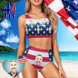 Custom Face American Flag Style B High Crew Neck High Waisted Bikini Personalized Women's Two Piece Swimsuit Beach Outfits