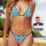Custom Face Blue String Halter Tie Side Low Waisted Triangle Bikini Swimsuit With Custom Letters Name Body Chain Waist Chain