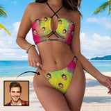 Custom Face Colorful Yellow Pink Gradient Low Waisted Swimsuit Self Tie Halter Neck Straps Cross Strap Bikini