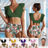 Custom Face Flowers Tropical Plants Women Ruffle High Waisted Flounce Bikini Set Two Pieces Swimsuit Beachwear