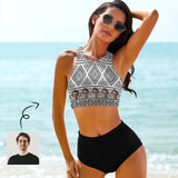 Custom Face Holiday Style High Crew Neck High Waisted Bikini Personalized Women's Two Piece Swimsuit Beach Outfits