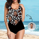 Custom Face Leopard Black Ruffle Tankini Personalized Bathing Suit Women's Two Piece High Waisted Bikini Swimsuit Summer Beach Pool Outfits