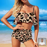 Custom Face Leopard Ruffle Bikini Personalized Bathing Suit Women's Two Piece High Waisted Bikini Swimsuit Summer Beach Pool Outfits