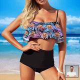 Custom Face Palm Leaves Ruffle Bikini Personalized Bathing Suit Women's Two Piece High Waisted Bikini Swimsuit Summer Beach Pool Outfits