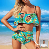 Custom Face Pineapple Ruffle Bikini Personalized Bathing Suit Women's Two Piece High Waisted Bikini Swimsuit Summer Beach Pool Outfits