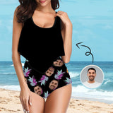 Custom Face Pineapple Ruffle Tankini Personalized Bathing Suit Women's Two Piece High Waisted Bikini Swimsuit Summer Beach Pool Outfits