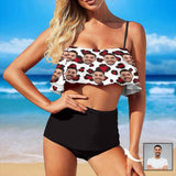 Custom Face Red Leopard Ruffle Bikini Personalized Bathing Suit Women's Two Piece High Waisted Bikini Swimsuit Summer Beach Pool Outfits