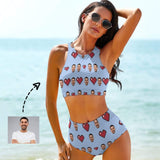 Custom Face Red Love High Crew Neck High Waisted Bikini Personalized Women's Two Piece Swimsuit Beach Outfits