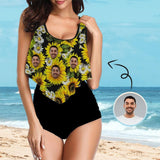 Custom Face Sunflower Ruffle Tankini Personalized Bathing Suit Women's Two Piece High Waisted Bikini Swimsuit Summer Beach Pool Outfits