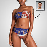 Custom Face USA Flag Strapless Bandeau Top Cheeky Bikini Bathing Suit Personalized Women's Two Piece Swimsuit Beach Outfits