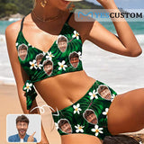 Custom Face White Flower Green Leaf Knot Side Bikini Swimsuit Women's Two Piece Swimsuit Personalized Bathing Suit Summer Beach Pool Outfits
