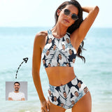 Custom Face White Flower High Crew Neck High Waisted Bikini Personalized Women's Two Piece Swimsuit Beach Outfits
