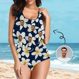 Custom Face White Flower Ruffle Tankini Personalized Bathing Suit Women's Two Piece High Waisted Bikini Swimsuit Summer Beach Pool Outfits