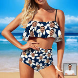 Custom Face White Flowers Ruffle Bikini Personalized Bathing Suit Women's Two Piece High Waisted Bikini Swimsuit Summer Beach Pool Outfits