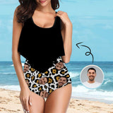 Custom Face White Leopard Ruffle Tankini Personalized Bathing Suit Women's Two Piece High Waisted Bikini Swimsuit Summer Beach Pool Outfits